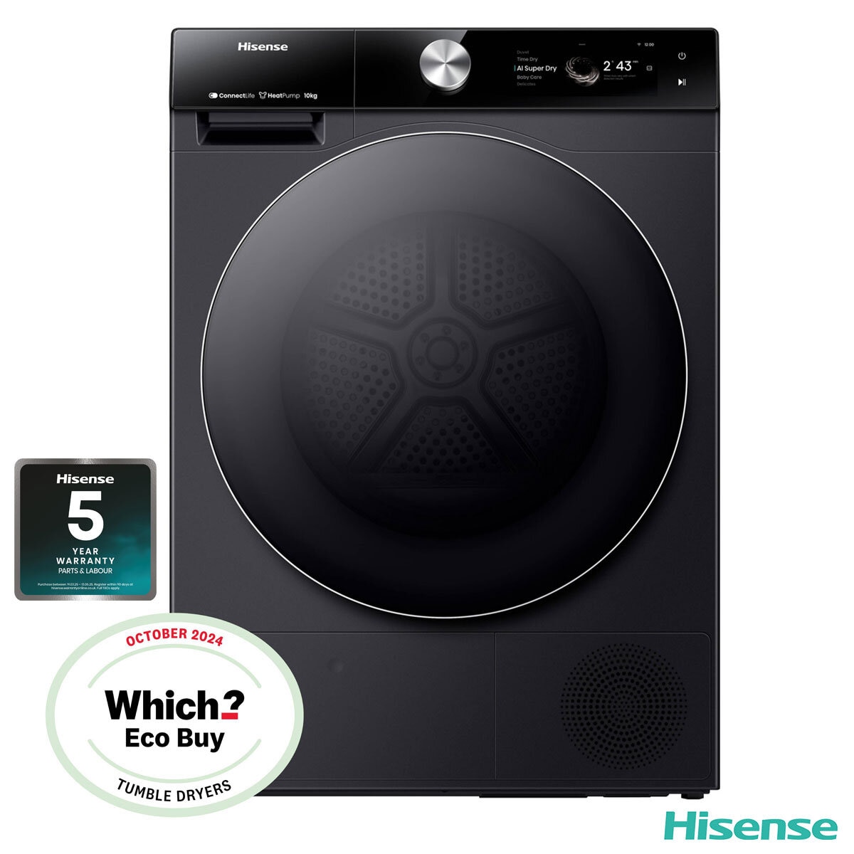 Hisense DH7S107BB, 10kg Heat Pump Dryer A+++ Rating in Black