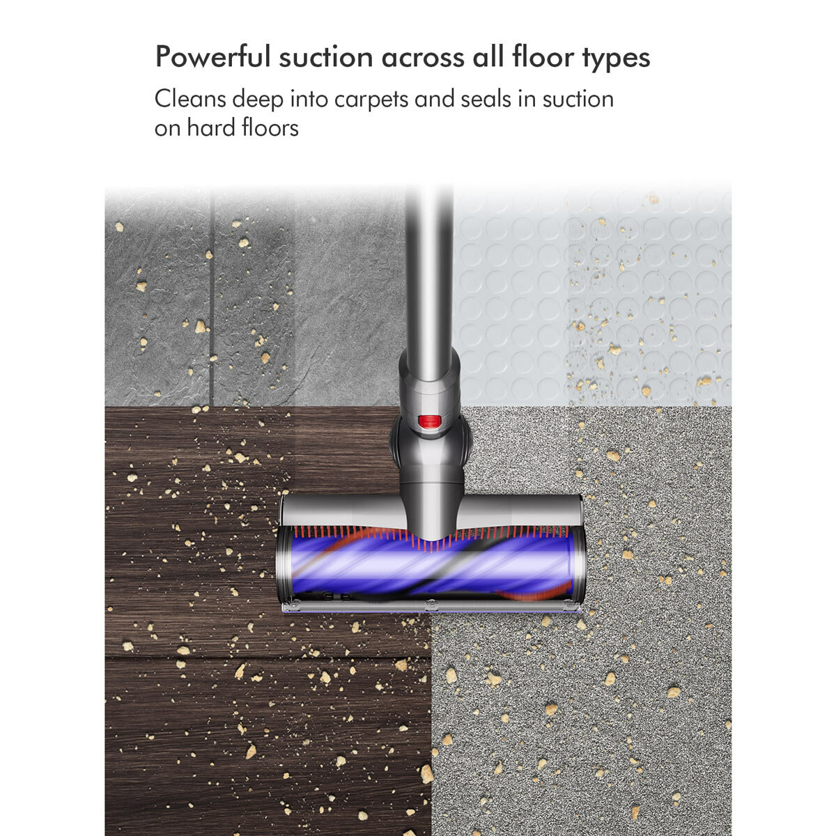 Image of Dyson V8 Absolute describing suction on all floor types