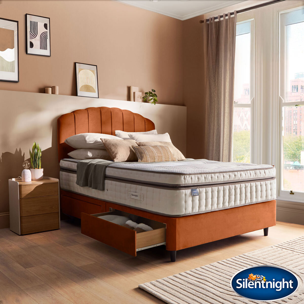 Silentnight Velvet 4 Drawer Divan Base with Merlin Headboard in Amber in 3 Sizes