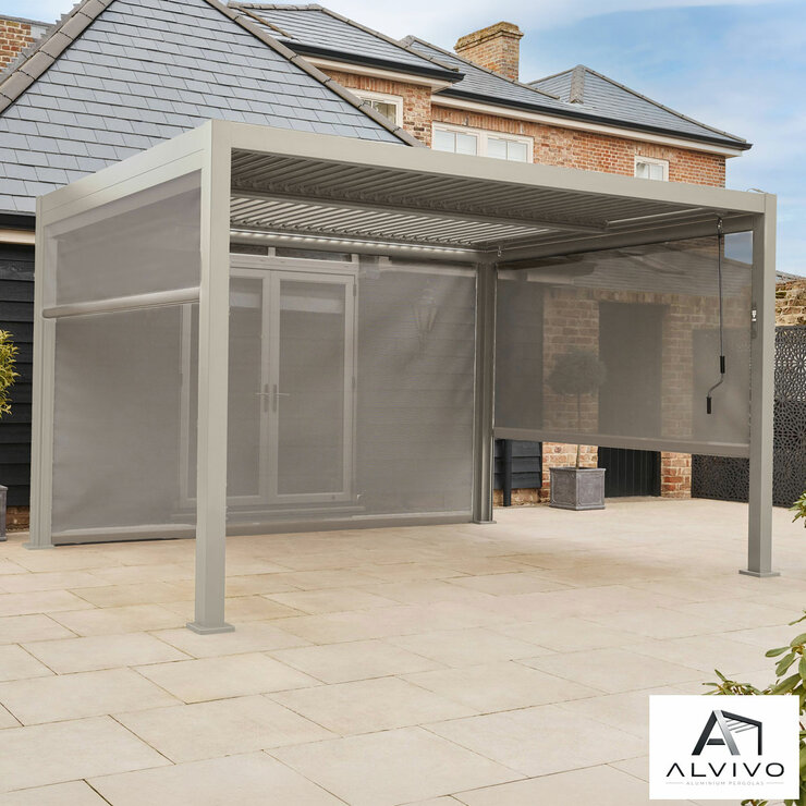 Alvivo 9ft 8" x 13ft 3" (3 x 4m) Beige Louvered Aluminium Pergola Bundle with 4 Pull-Down Screens Alvivo 9ft 8" x 13ft 3" (3 x 4m) Beige Louvered Aluminium Pergola Bundle with 4 Pull-Down Screens
