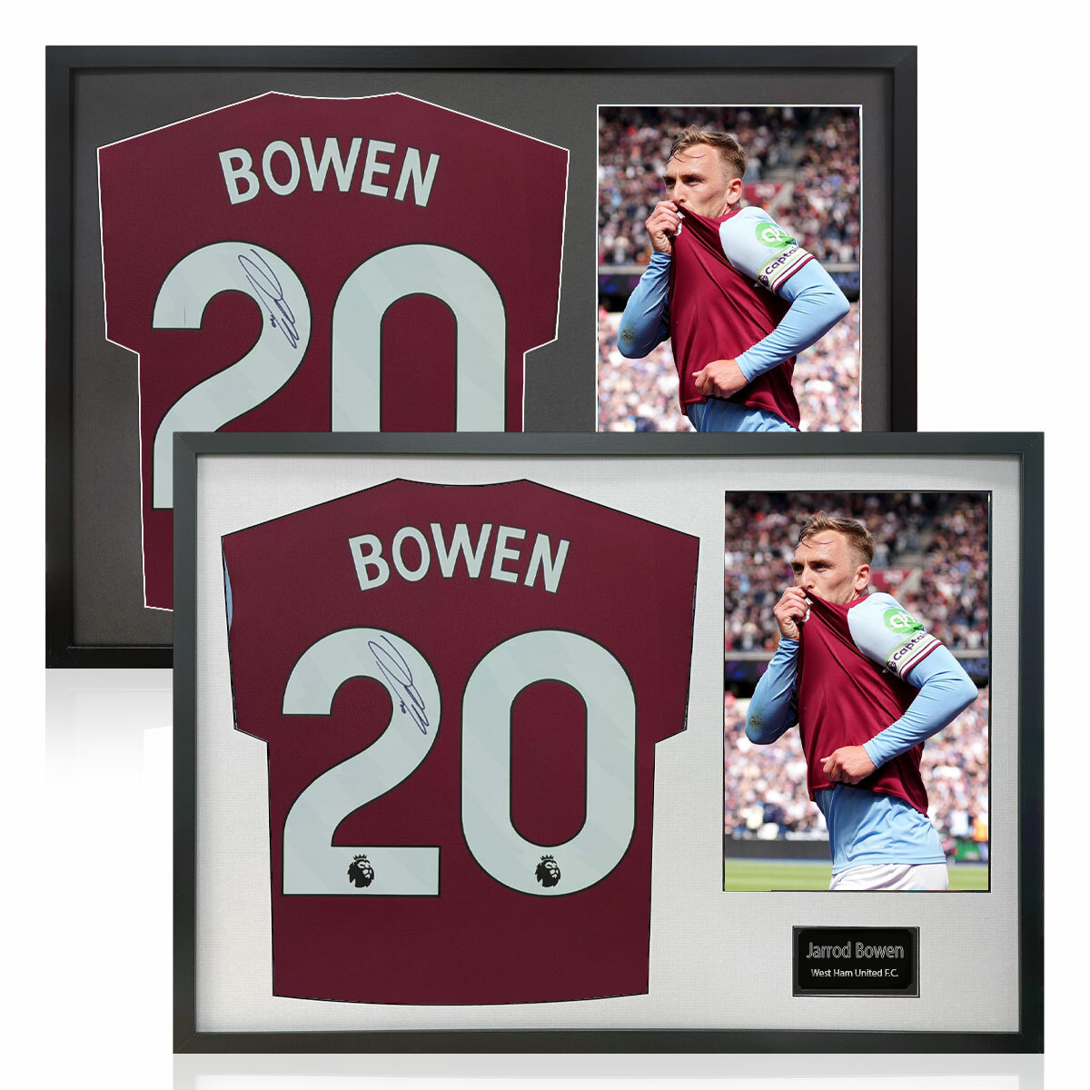 Jarrod Bowen Signed Framed WHU Football Shirt including 1 Photo in 2 Options Jarrod Bowen Signed Framed WHU Football Shirt including 1 Photo in 2 Options
