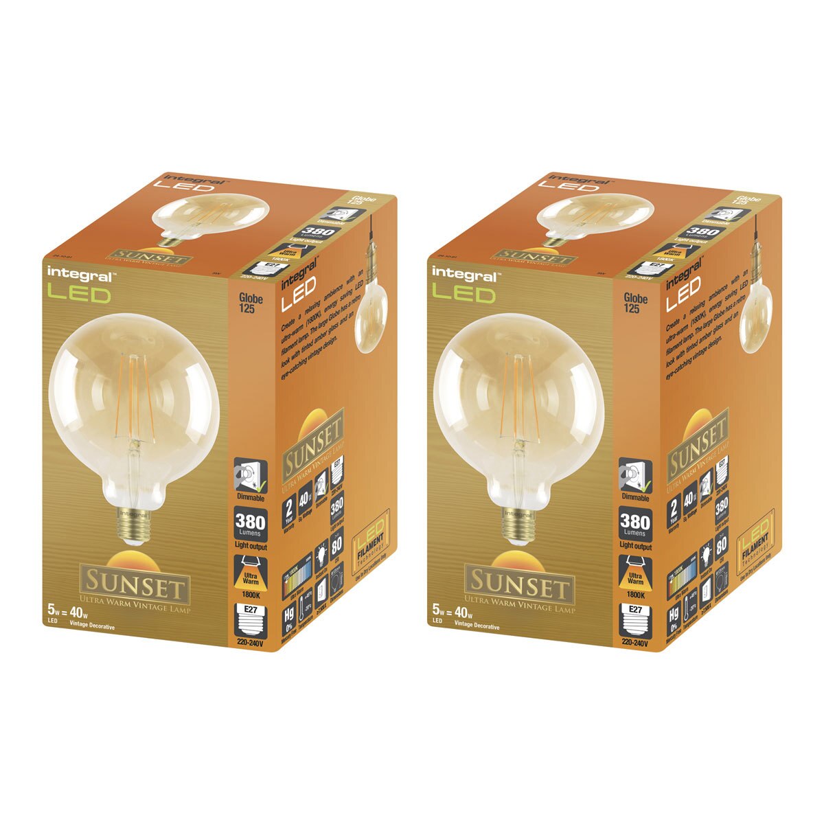 Integral LED G125 Vintage Sunset Globe 5W Dimmable Bulb (2 Pack) E27