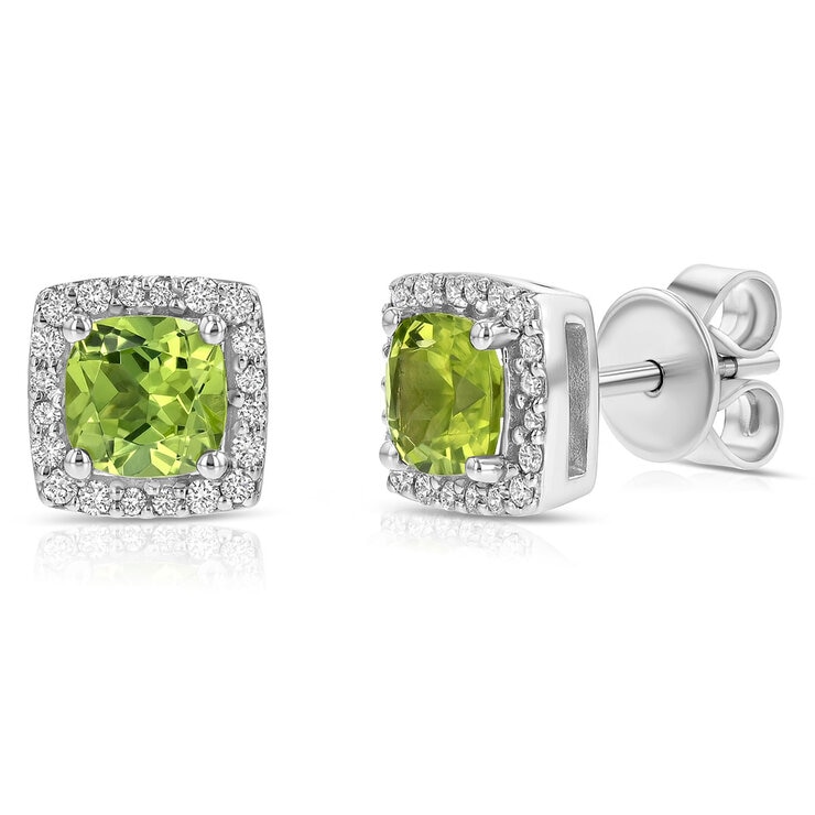 Cushion Cut Peridot & 0.13ctw Diamond Stud Earring, 14ct White Gold Cushion Cut Peridot & 0.13ctw Diamond Stud Earring, 14ct White Gold