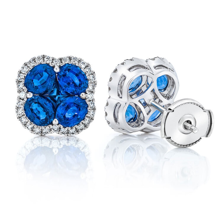 Oval & Princess Cut Blue Sapphire & 0.27ctw Diamond Clover Stud Earrings, 14ct White Gold Oval & Princess Cut Blue Sapphire & 0.27ctw Diamond Clover Stud Earrings, 14ct White Gold