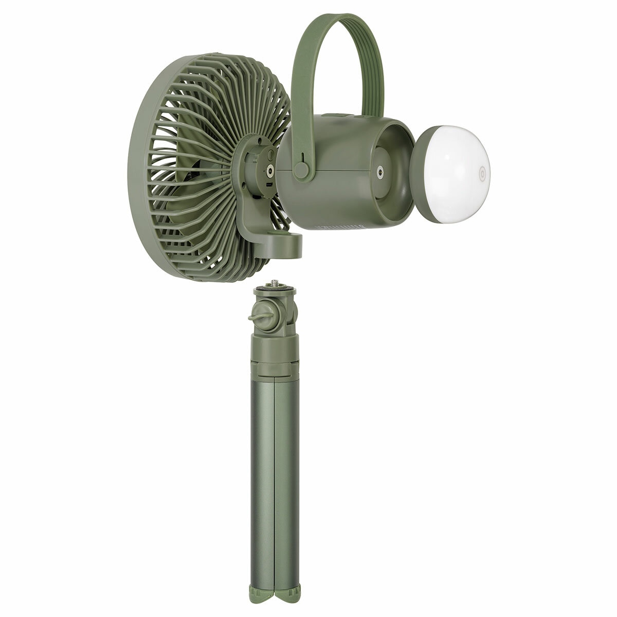 Studio image of the different individual parts of the camping fan Studio image of the different individual parts of the camping fan