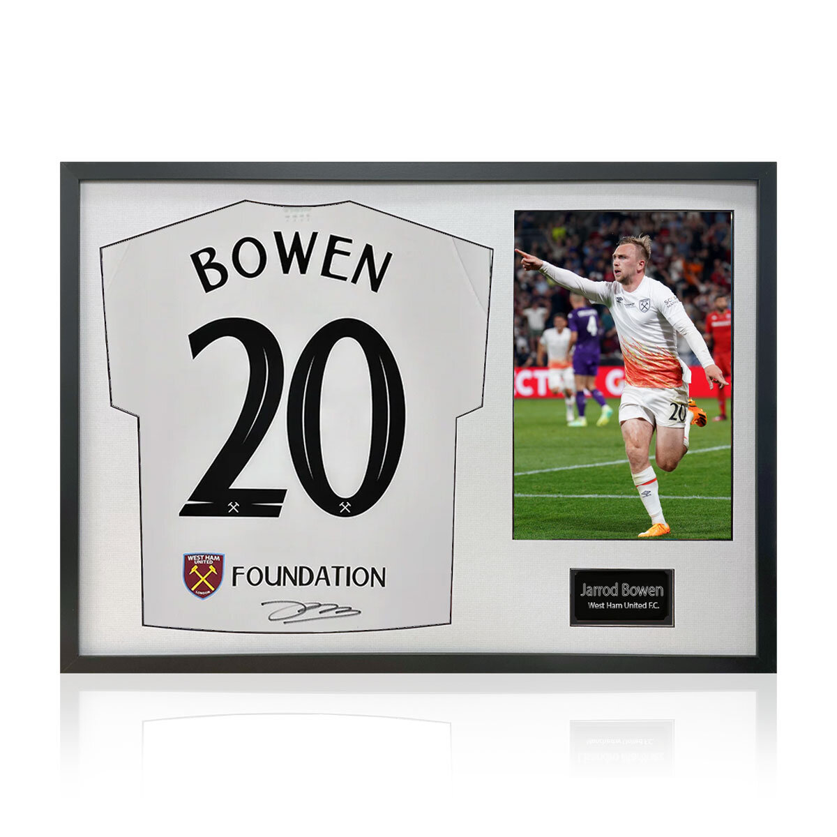 Jarrod Bowen Signed Framed WHU Football Shirt including 1 Photo in 2 Options: White or Black Mount
