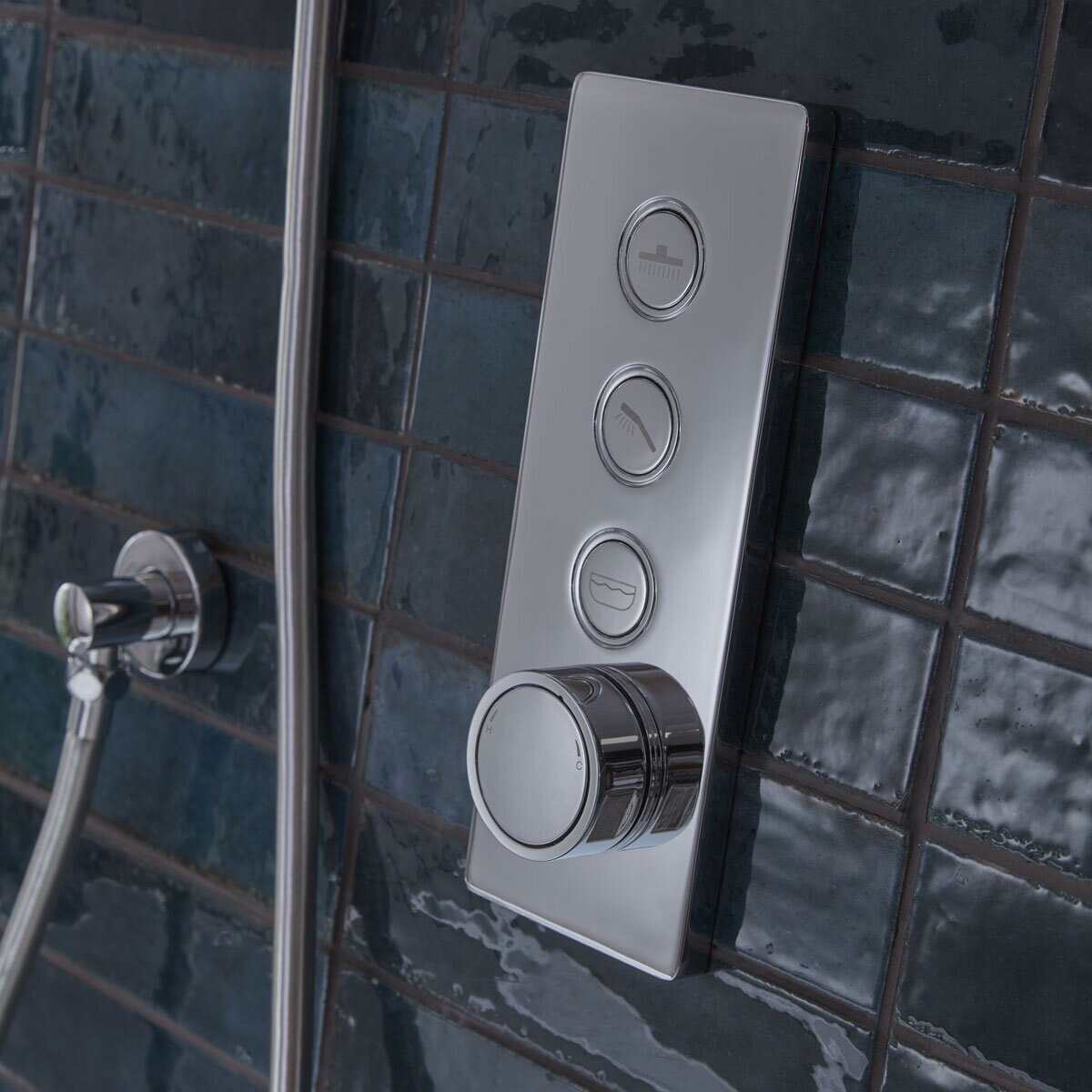Close up image of dials in bathroom setting