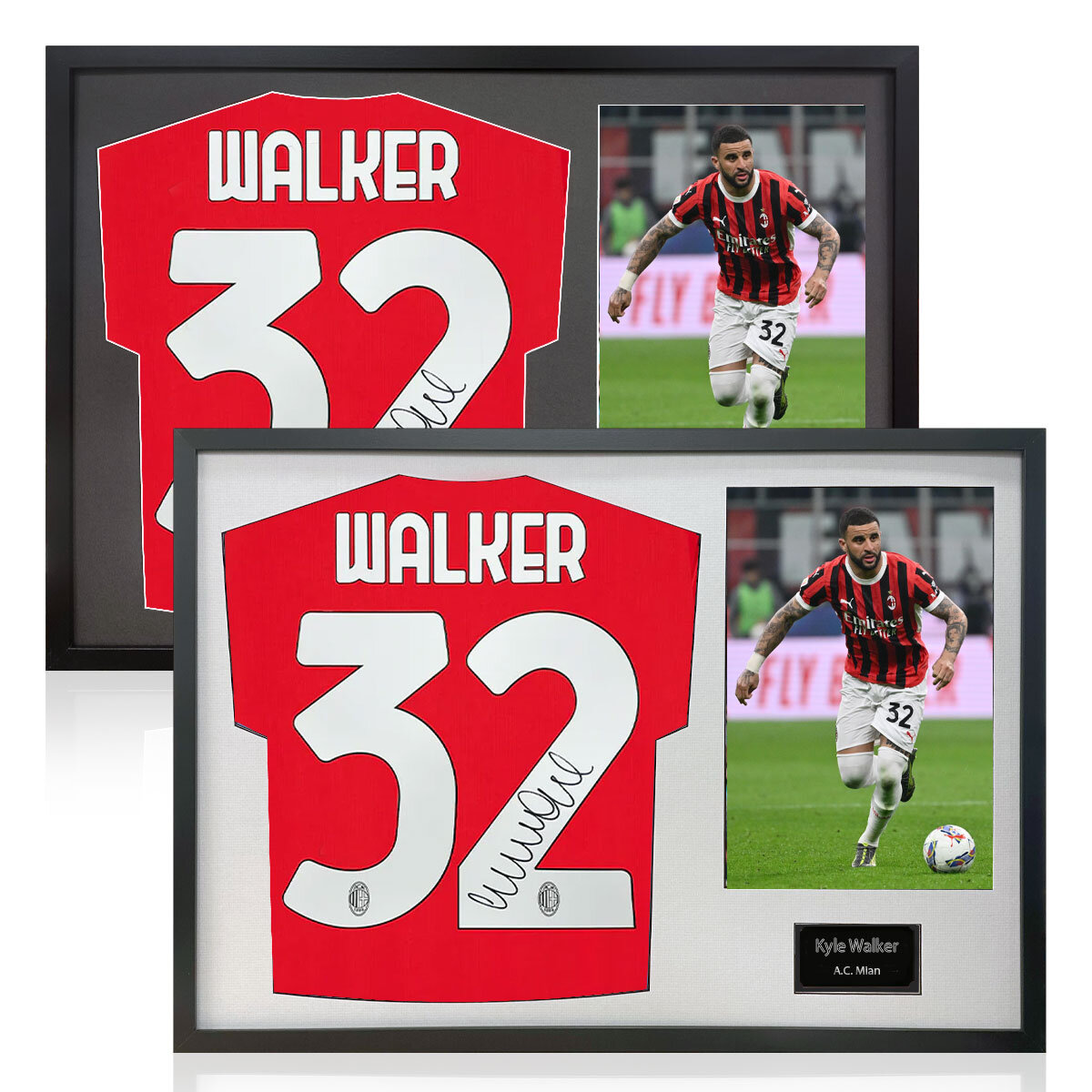 Kyle Walker Signed Framed AC Milan Shirt including 1 Photo in 2 Options: White or Black Mount