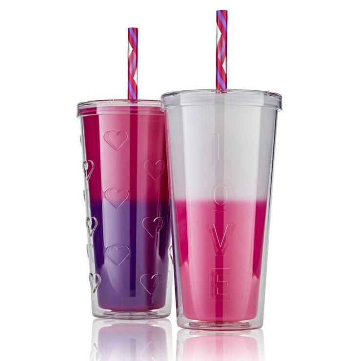 Colour Changing Double Wall Insulated 2 Pack Tumblers with 4 Straws, Pink Colour Changing Double Wall Insulated 2 Pack Tumblers with 4 Straws, Pink