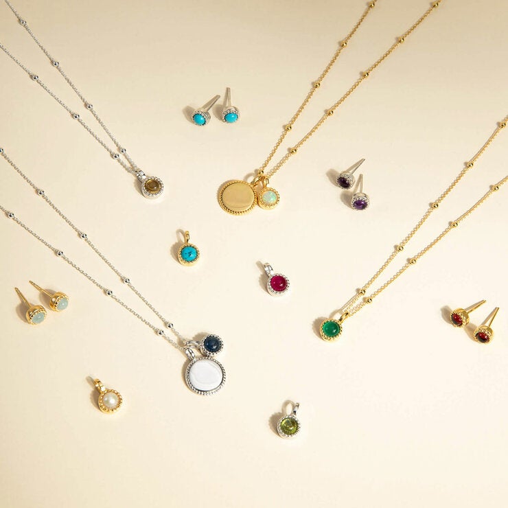 Beginnings Recycled Sterling Silver Semi-Precious Birthstone Pendant Necklace & Disc on Chain, Personalisation Available
