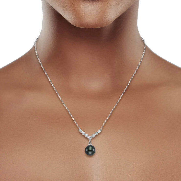 8.0-9.0mm Tahitian Cultured Pearl & 0.35ctw Diamond Pendant, 14ct White Gold 8.0-9.0mm Tahitian Cultured Pearl & 0.35ctw Diamond Pendant, 14ct White Gold