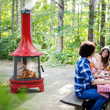 Outdoor Steel Chiminea Fireplace with Cooking Grill in Red