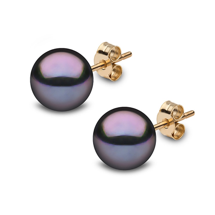 88.5mm Cultured Freshwater Black Pearl Stud Earrings, 18ct Yellow Gold
