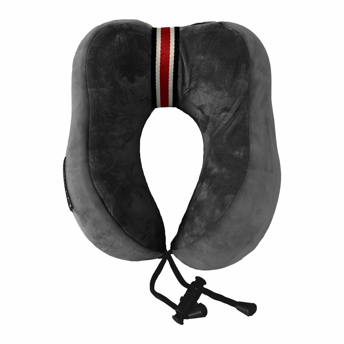 Dark grey plush travel pillow with striped detail and adjustable drawstring