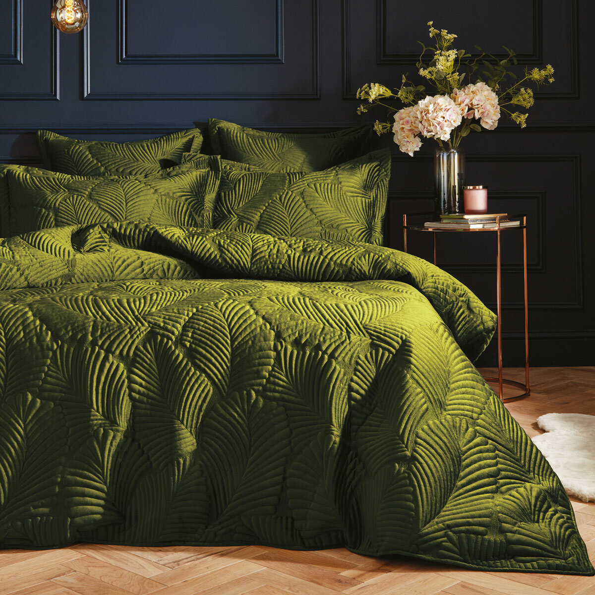 Paoletti Palmeria Velvet Moss Duvet Cover Set in 3 Sizes