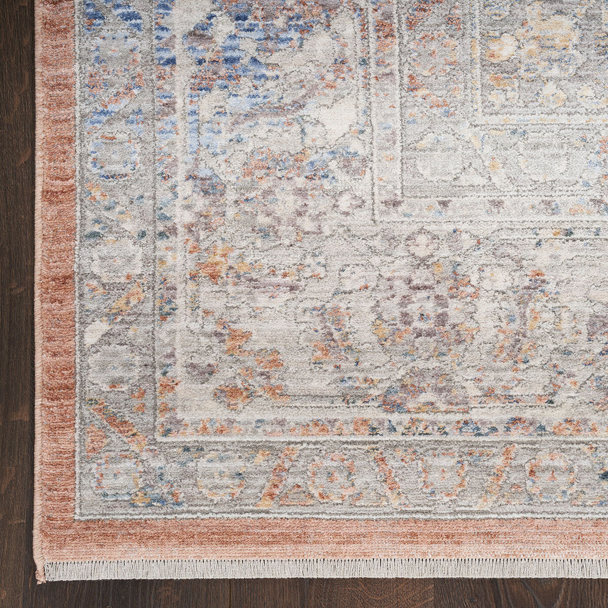 Elegant heirloom rug, tradtional design in rust, grey, blue and ivory tones