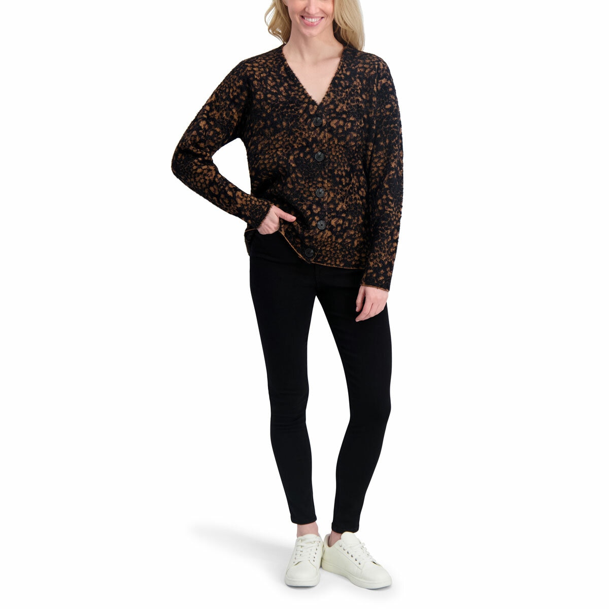 DKNY Ladies Leopard Print Cardigan in Black