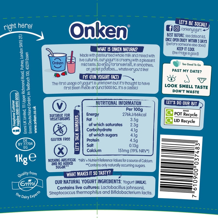 Label for Pot of Onken Natural Yogurt
