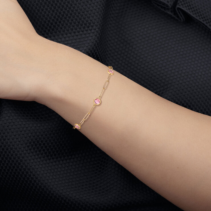 Round Cut Pink Tourmaline Paperclip Bracelet 14ct Yellow Gold