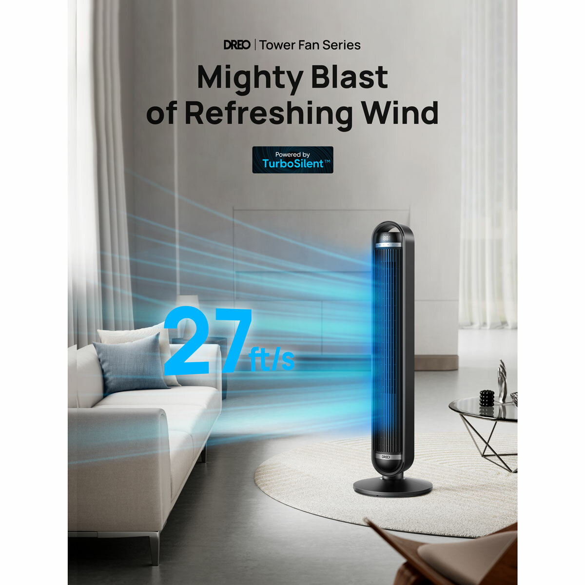 Lifestyle image of Dreo Cruiser Tower Fan in a living room