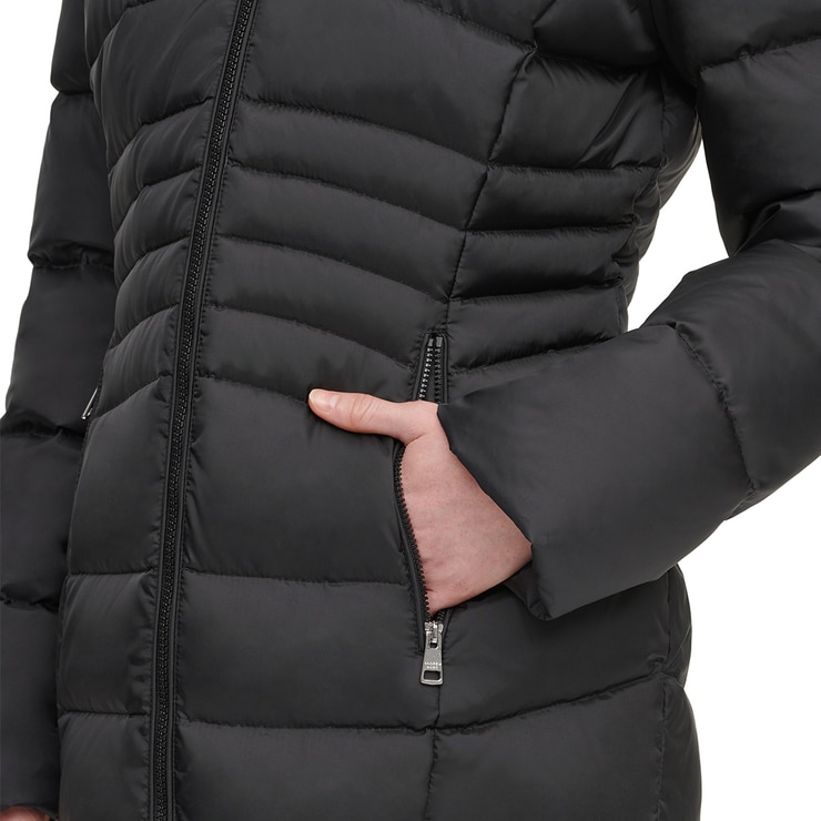 Andrew Marc Women's Short Down Jacket with Faux Fur Trim Hood in Black