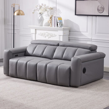Dallas Grey Leather Power Sliding 3 Seater Sofa