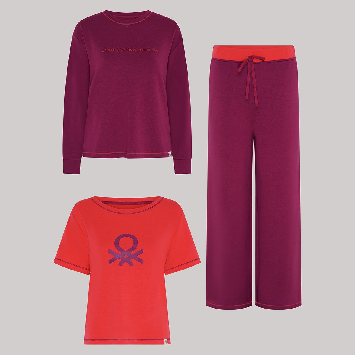 United Colors of Benetton Ladies Two Piece Pyjama Set in Pink/Hibiscus