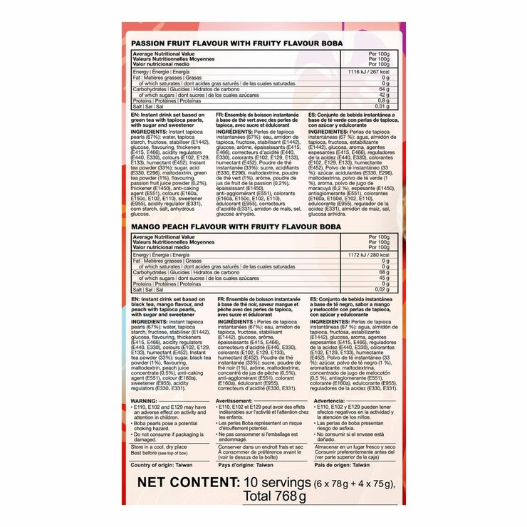 Passion Fruit, Mango Flavours back of pack