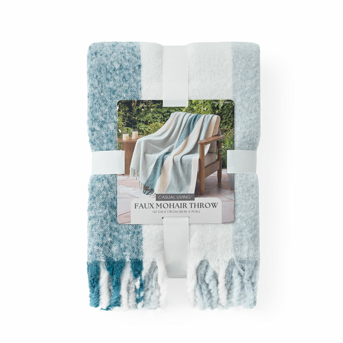 Folded Blue Mohair Faux Fur throw, with outer packaging shown