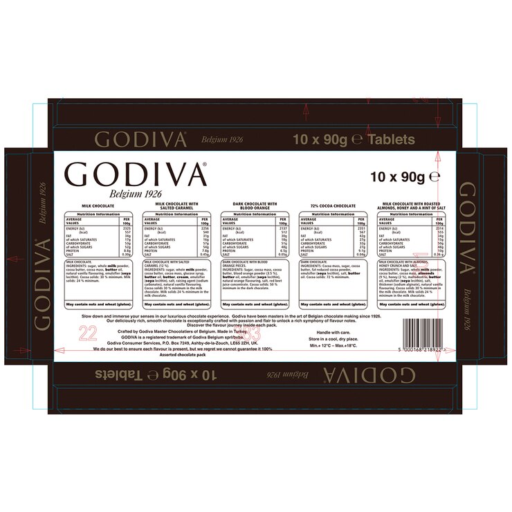 Godiva Chocolate Bar Assortment, 10 x 90g