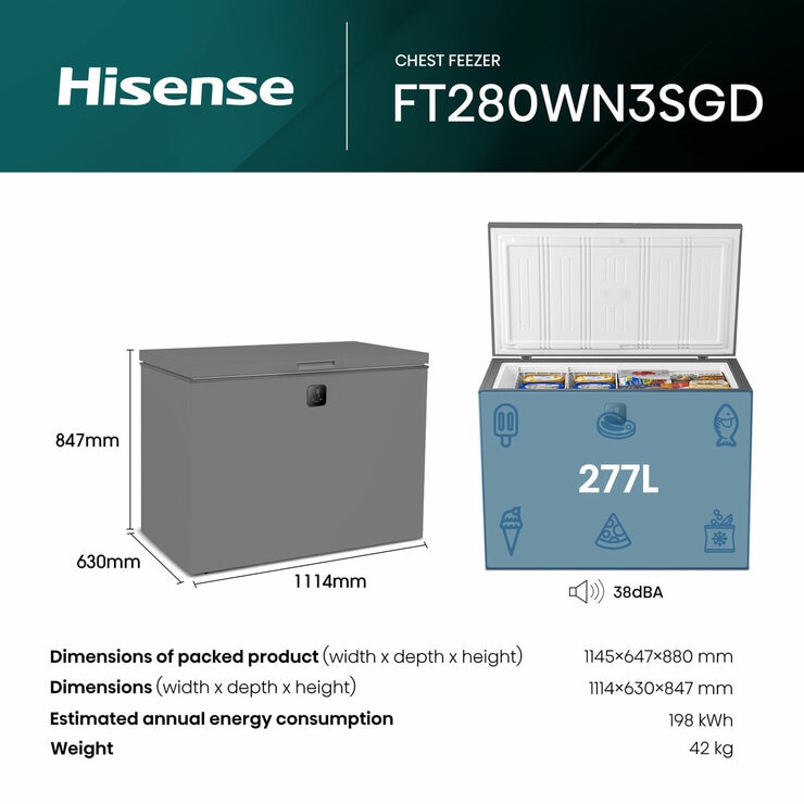 Hisense FT280WN3SGD, 277L Chest Freezer, D Rated in Silver