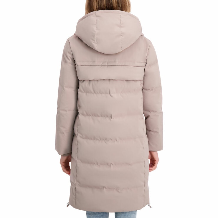 DKNY Ladies Long Down Coat with Hood in Taupe