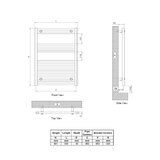 Line drawing of radiator with dimensions on white background