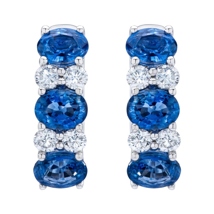 Oval Sapphire & 0.23ctw Diamond Hoop Earrings, 14ct White Gold