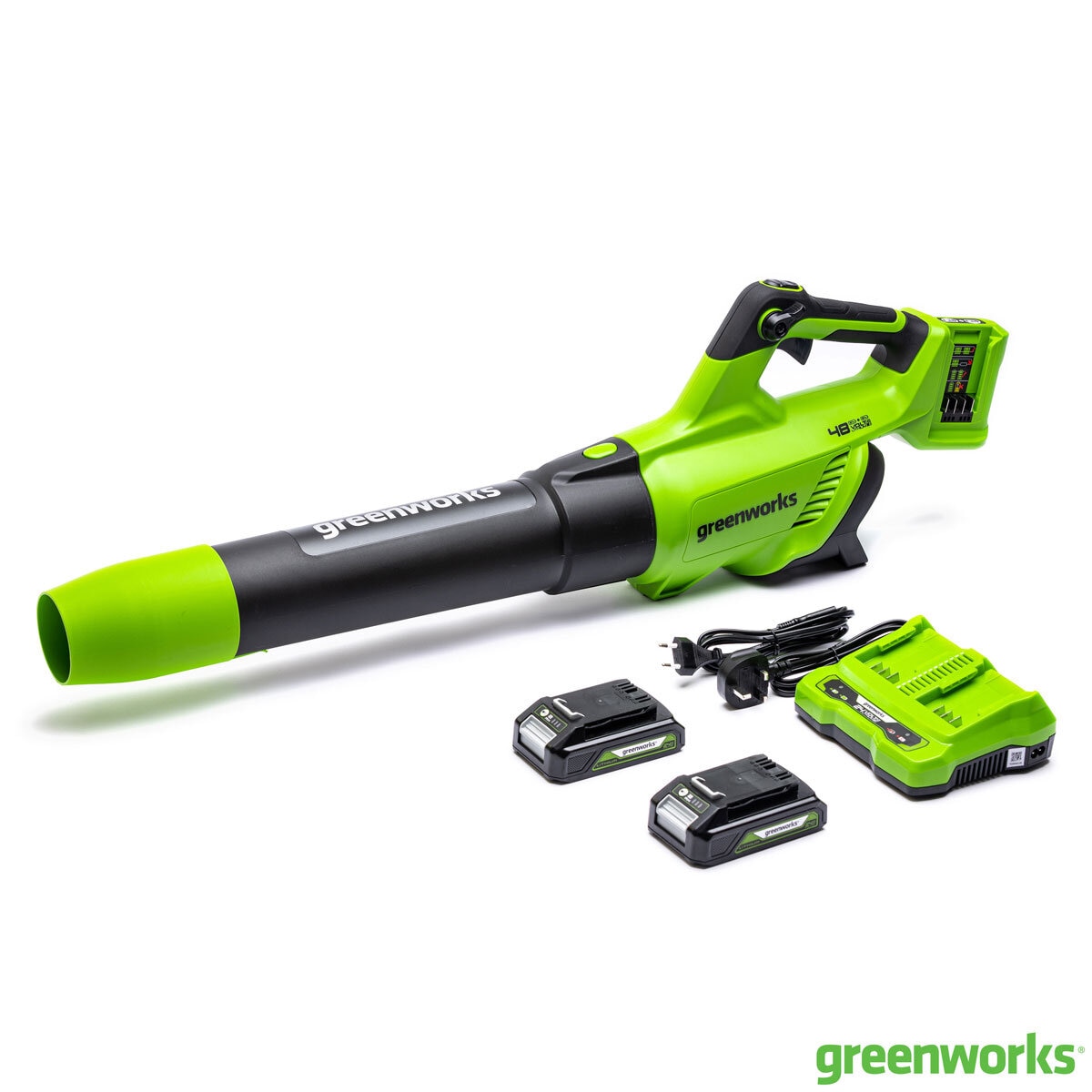 Greenworks 48V 217 km/h Cordless Brushless Leaf Blower + 2 x 24V (2Ah) Battery & Charger Bundle