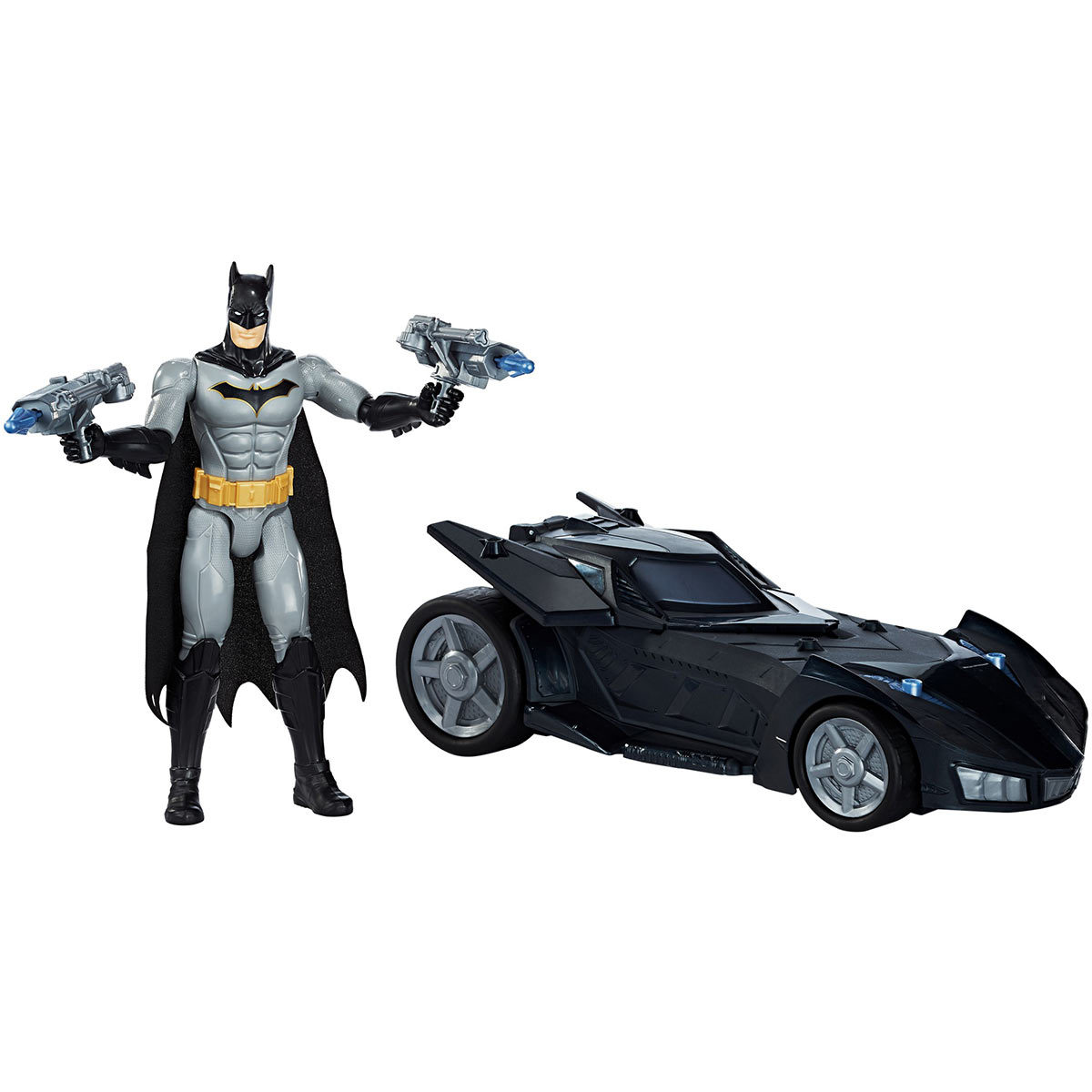 Batmobile and matman figure on white background