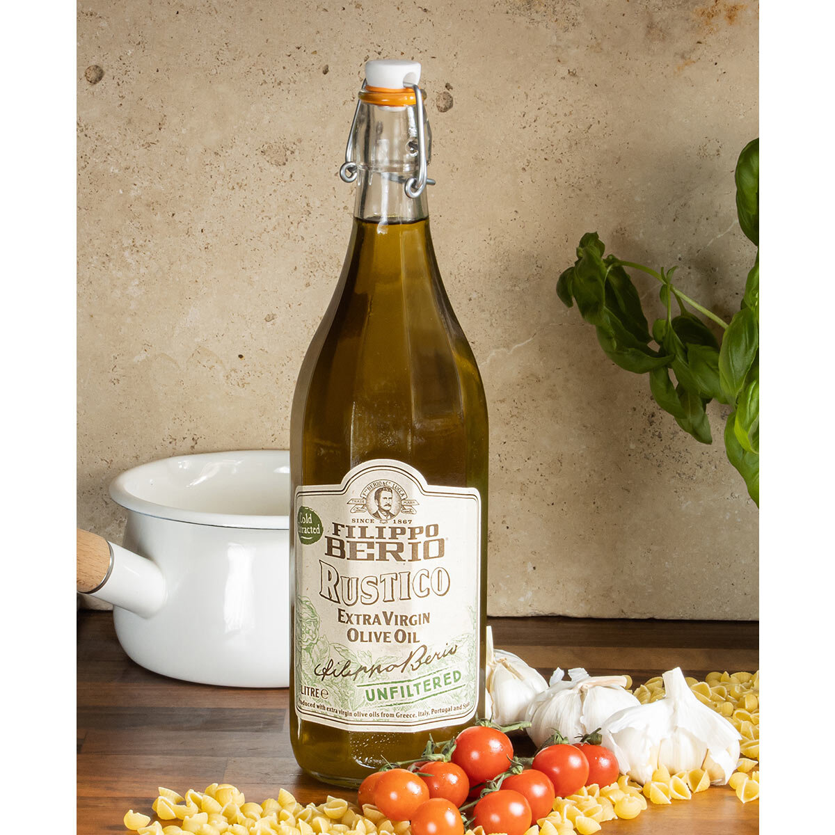 Bottle On A Table With Tomatoes and Pasta