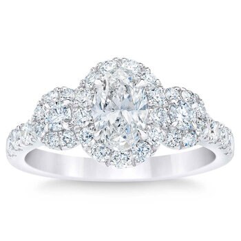 1.52ctw Oval & Round Brilliant Cut Diamond Three Stone Halo Ring, 14ct White Gold