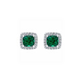 Cushion Cut Lab Emerald & 0.13ctw Diamond Stud Earrings, 14ct White Gold