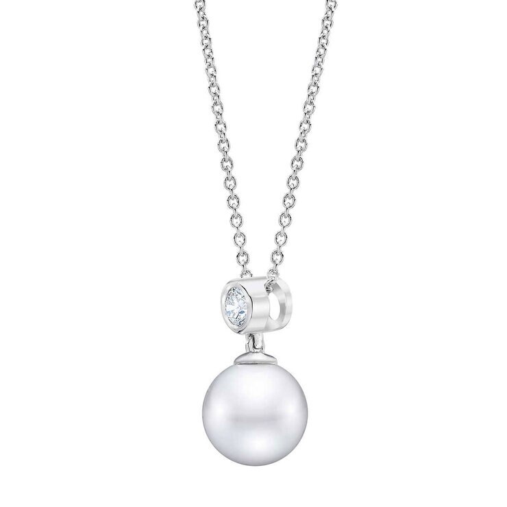 8-9mm Cultured Freshwater White Pearl & 0.14ctw Diamond Necklace, 14ct White Gold