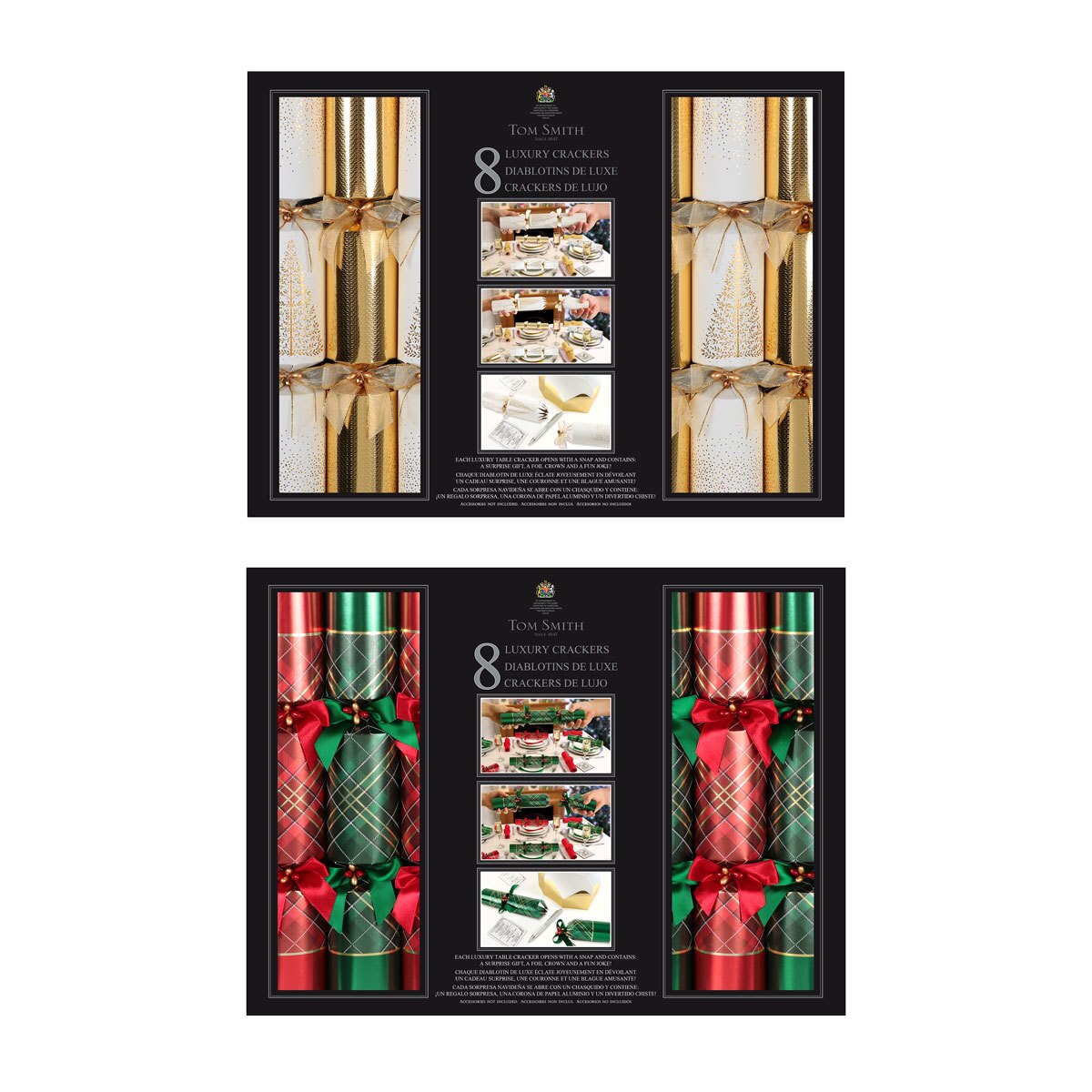 Tom Smith 14 Inch (36 cm) Deluxe Christmas Crackers 8 Pack With Silver Plated Party Favours in 2 Styles