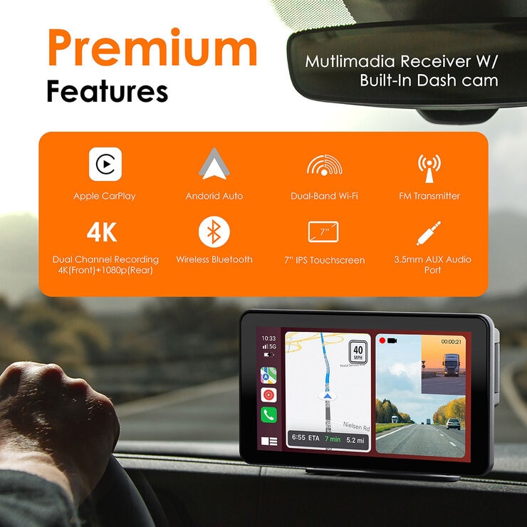 Rexing Wireless Multimedia Receiver CPDuo-7 – CarPlay + Android Auto + Dash Cam