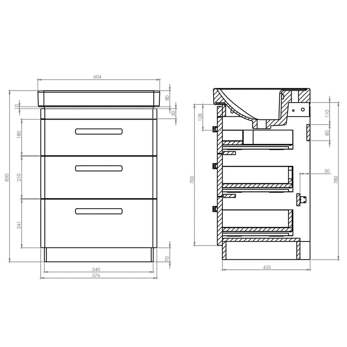 Tavistock Curve 60.0 cm 3 Drawer Floor Mounted Vanity Unit in White