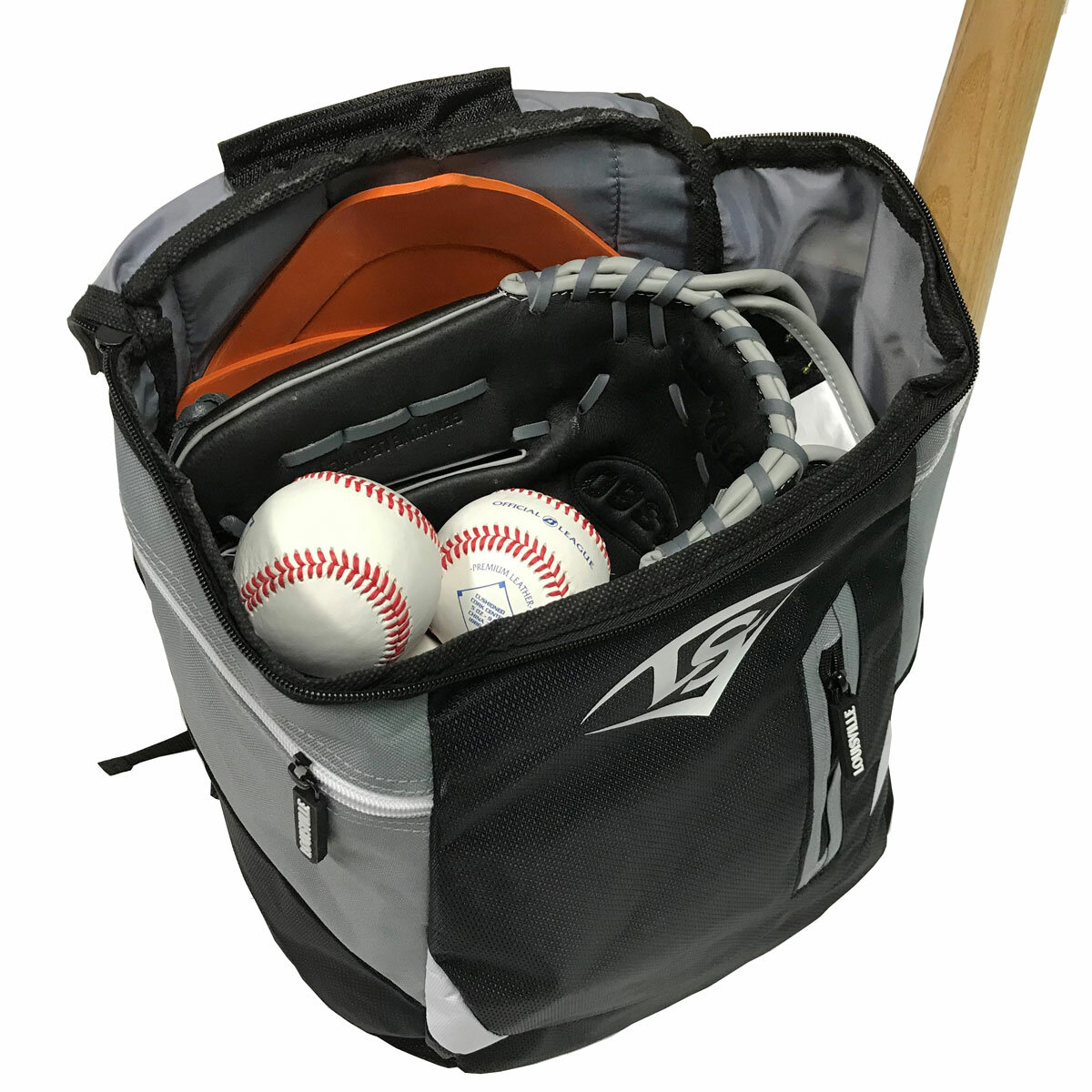 Studio image of the included items inside the Louisville Slugger Genuine Stick Bag