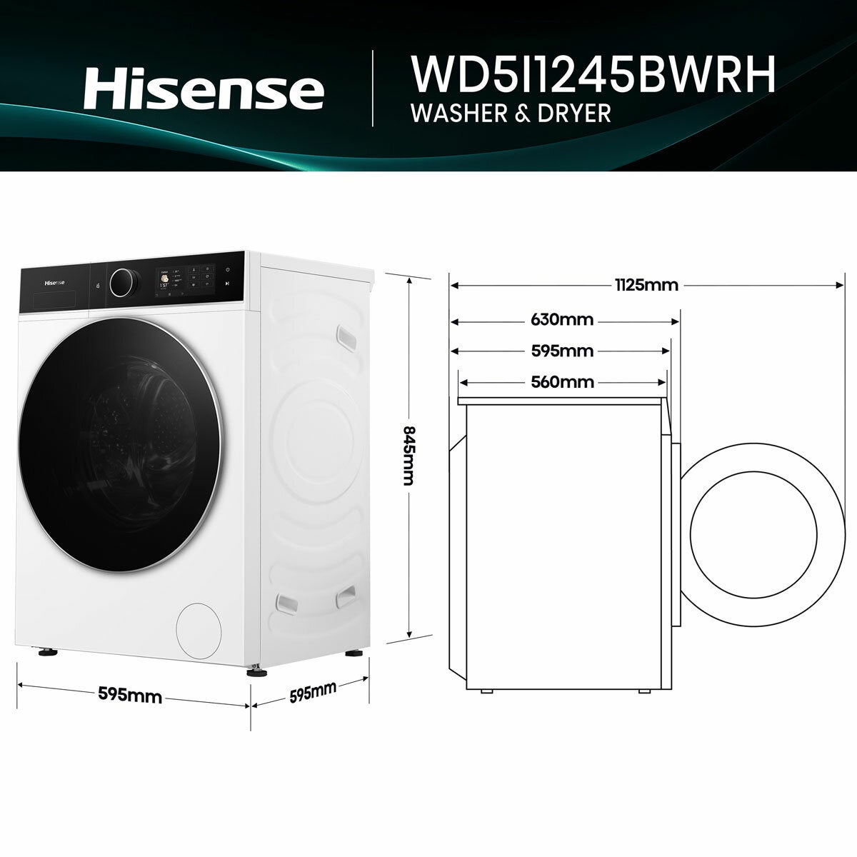 Hisense KitchenFit 5i Series WD5I1245BWRH 12kg / 8kg Washer Dryer, A Rated in White