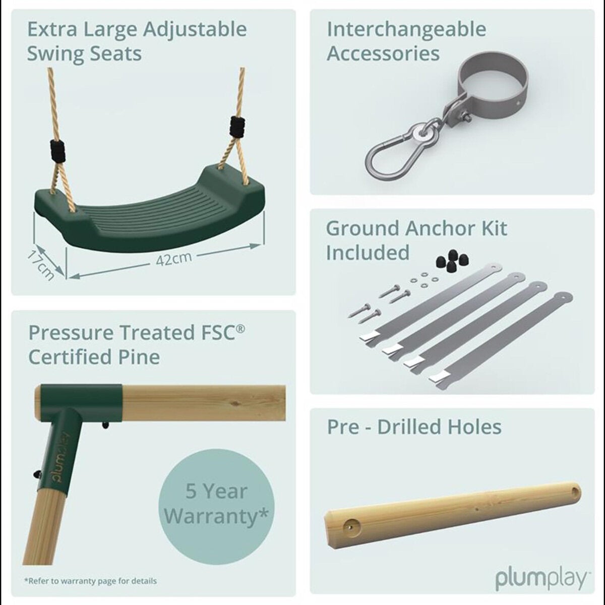 An image showing the different features of the Plum Ultimate 4 Premium Wood Swing An image showing the different features of the Plum Ultimate 4 Premium Wood Swing