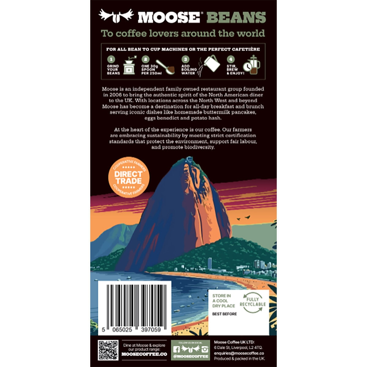 Back of pack Moose Beans Brazil Blend Coffee Beans, 1kg