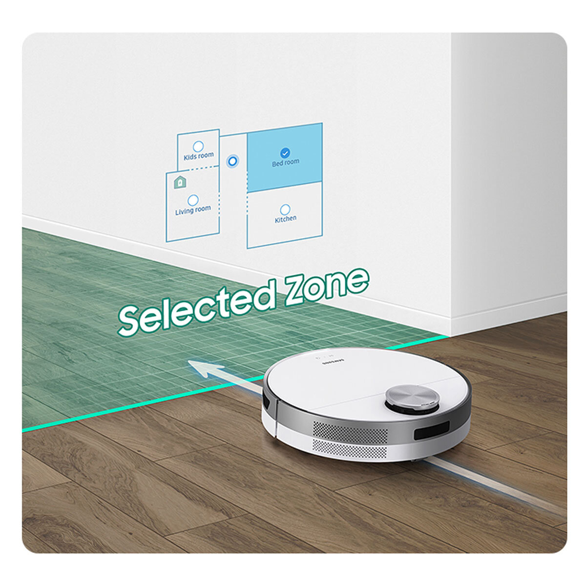 Lifestyle image of Samsung Robotic Vac showing selected zone mode