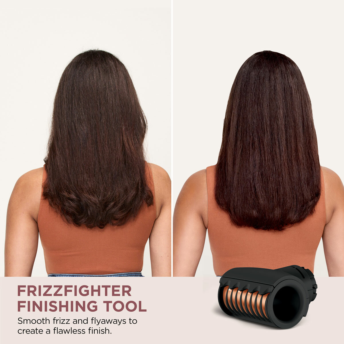 Image of a model before and after using frizzfighter finishing tool