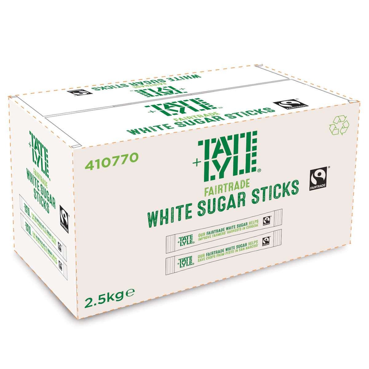 Image of white Tate & Lyle box on white background with White Sugar Sticks text